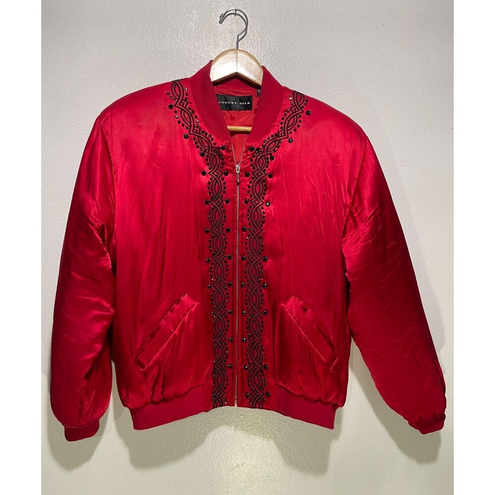 August silk bomber jacket embellished sequin festive red winter holidays women M